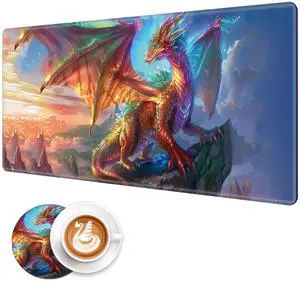FXIANGWL XXL Gaming Mouse Pad, Extra Large Waterproof Desk Mat for Office Gaming, Non-Slip Rubber Base Durable Stitched Edge, Easy to Clean, Rainbow Dragon