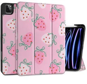 MEEgoodo Case for iPad Pro 12.9 Case M2 6th/5th/4th/3rd Generation 2022 2021 2020 2018, Protective Tablet Cover with Soft Back Shell for Kids, Strawberry & Bow