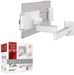 Barkan 7-12 inch Full Motion - 4 Movement Tablet Mount for Wall & Cabinet 3 lbs White Firm Tablet Clamp 360 Degree Rotation