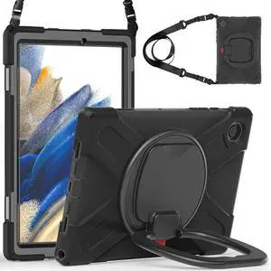 PboyiqiS Case for Galaxy Tab A8 10.5" 2022 (SM-X200/ X205/ X207), Heavy Duty Protective Case with 360 Degree Swivel Stand&Hand Strap&Shoulder Strap (Black)