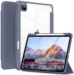 ZKTUYU Case for iPad Pro 12.9 Inch (6th/5th/4th/3rd Generation 2022/2021/2020/2018) with Pencil Holder, Clear Transparent Back Shell Slim Stand Shockproof Tablet Cover, Auto Wake/Sleep, Purple