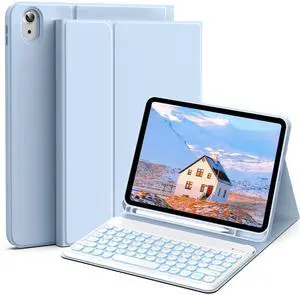 JKSML for 11 inch iPad A16 (11th Gen) 2025/10.9 inch iPad 10th Generation 2022 Case with 7 Colors Backlight Bluetooth Round Key Keyboard and Pencil Holder, Soft Silicone Back Cover, Backlit Blue