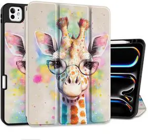 MEEgoodo Case for M5 iPad Pro 11 inch 2025/M4 iPad Pro 11 inch Case 2024, Tablet Cover with Trifold Stand & Pencil Holder & Auto Wake/Sleep & Soft TPU Back Cover, Giraffe