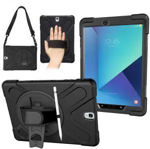 AOOCSHEY for Samsung Galaxy Tab S3 Case 9.7 inch 2017 SM-T820 T825 T827, Heavy Duty Full Body Shockproof Rugged Drop Protective Cover with 360° Rotating Stand Hand Strap Carrying Shoulder Strap, Black