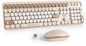Owpkeenthy Cute Beige Keyboard and Mouse Wireless, Colorful Keyboard Retro Typewriter Style Full-Sized with Number Pad Round Keys for Desktop, Laptop and Computerr (Bunny Beige)