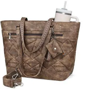 FADEON Quilted Tote Bag for Women, Designer Laptop Purse with Compartments, Large Leather Shoulder Handbag for Travel, Work, Daily, Teacher Brown