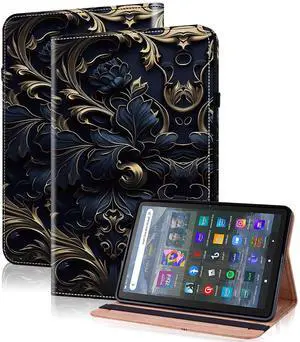 Case for Amazon Fire HD 8 / Fire HD 8 Plus (12th/10th Generation,2024/2022/2020), Folio Stand PU Leather Wallet Cover with Elastic Band & Card Slots for Fire HD 8 Tablet 8 Inch - Blue Flower