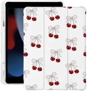 BlHMCASE Kawaii Cute Bow Cherry for iPad mini 7 A17 Pro 2024/iPad Mini 6 Case with Pencil Holder, Auto Sleep/Wake, White Leather Soft TPU Back Cover