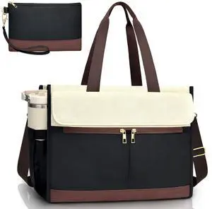 Laptop Bag for Women - 15.6 Inch Tote Work Bag with Compartments Nurse Teacher Bag Large Waterproof Lightweight Office Handbag(B&W)