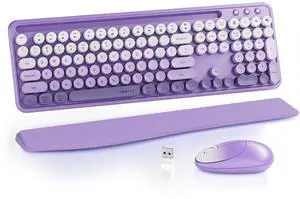 UBOTIE Wireless Keyboard and Mouse Combo with Phone Holder and Wrist Rest, Round Colorful Keys, Power Switches, 2.4GHz USB Receiver, Full-Size QWERTY Layout for PC Laptop(Purple)