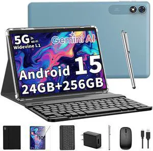 2025 Tablet, 10 inch Android 15 Tablet with Keyboard, 24GB+256GB+2TB Expandable Tablets, 2 in 1 Tablets with Keyboard Case Mouse Stylus, 8-core, 8000mAh, 5G WiFi, Split Screen, Widevine L1, GMS(Black)