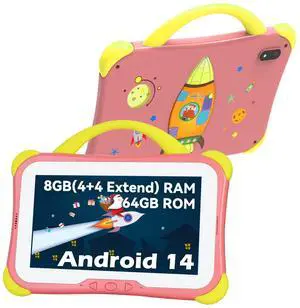 weelikeit Kids Tablet 7 Inch Tablets for Kids 3-10, 8GB(4+4 Extend) RAM 64GB ROM Toddler Tablet Android 14 with Dual Camera, Parental Control, Solid Case, WiFi, YouTube, Learning App Installed(Pink)