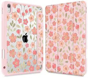 May Chen Case for iPad Air 11 (M3 2025 / M2 2024) 7th 6th, iPad Air 4 & 5 10.9 Inch 5th 4th (2022/2020) - Pencel Holder + Auto Sleep/Wake, Transparent Shockproof Back Cover, Pink Small Flowers