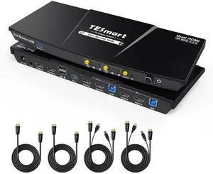 TESmart USB 3.0 HDMI KVM Switch 2 Monitors 2 Computers 4K@60Hz, Dual Monitor KVM Switch HDMI 2 Port Extended Display, Audio&Microphone, EDID Emulators, Button Switch with Input Cables,Hotkey Switch