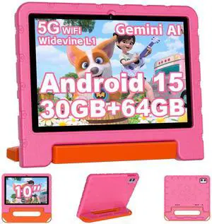 2025 Kids Tablet 10 inch Android 15 Tablets for Kid Octa-Core, 30GB+64GB (TF 1TB), Toddler Tablet with Shockproof Case, 5G WiFi, Parental Control, Widevine L1, Gemini AI, Split Screen, BT5.0-Pink