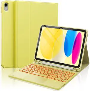 CHESONA for iPad 10th Generation Case with Keyboard, 7 Color Backlight, Multi-Touch Trackpad, Flip Stand Case with Pencil Holder, 2 Wireless Channels for iPad (A16) 11th/10th Gen 2025/2022, Yellow
