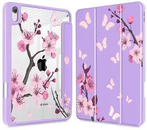 May Chen Slim Case for iPad mini 7 (A17 Pro, 7th Generation) 2024 / iPad mini 6 (6th Gen) 8.3 Inch, [Built-in Pencil Holder] Shockproof Cover Clear Clear Back Shell Auto Wake/Sleep, Cherry Blossom