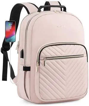 LOVEVOOK Laptop Backpack Purse for Women, Work Travel Computer Bags, College School Backpack for Student Girl, Quilted Casual Daypack with USB Port, Fit 15.6 Inch Laptop, Antiquewhite