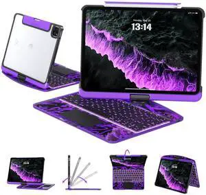 Tiaota Transparent Case with Keyboard for iPad 9th (7th, 8th, and 9th Gen)10.2 Inch ,with 7-Color Backlit Wireless Keyboard,360°Rotatable Protective Case Multi-Touch Trackpad,with Pencil Holder,Purple