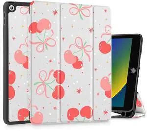 Tuiklol Case for iPad 10.2 Inch 2021 2020 2018 Release 9th / 8th / 7th Generation, Built-in Pencil Holder TPU Protective Stand Back Cover Trifold Stand-Auto Wake/Sleep, Etro Cherry-White