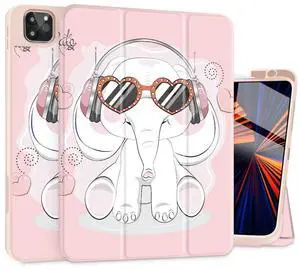 Tuiklol Case for iPad Pro 12.9 inch M2 Generation 6th / 5th / 4th / 3rd 2022 2021 2020 2018 Release - Built in Pencil Holder Slim Protective Cover with Auto Wake/Sleep, Lovely Elephant-Pink
