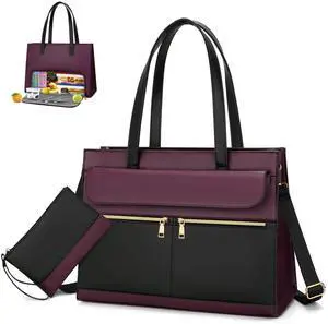 KKXIU 2-in-1 Laptop Lunch Tote Bag for Women, 15.6 Inch Insulated Leakproof Computer Bag, Large Capacity Work Purse for Office, Nurse, Teacher, Travel - Black & Purple
