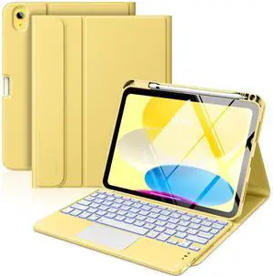 MoKo Touch Keyboard Case for iPad (A16) 11th Generation 11 inch 2025, iPad 10th Generation 10.9 inch Case with Pencil Holder, 7 Colors Backlit Multi-TrackPad Detachable Bluetooth Keyboard,Light Yellow