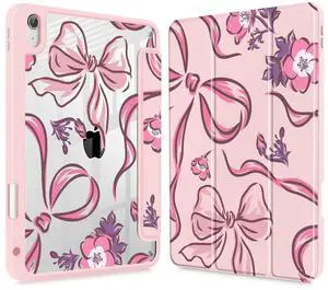 Mektron Case for 2025 iPad 11 inch (A16 Chip) 11th Gen Fit iPad 10th Gen10.9 inch 2022, Buit in Pencil Holder with Shockproof Cover Clear Shell + Trifold Stand, Flowers-Bows-Pink