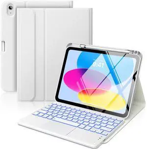 MoKo Touch Keyboard Case for iPad (A16) 11th Generation 11 inch 2025, iPad 10th Generation 10.9 inch Case with Pencil Holder, 7 Colors Backlit Multi-TrackPad Detachable Bluetooth Keyboard, White