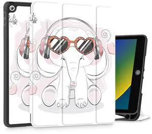 Tuiklol Case for iPad 10.2 Inch 2021 2020 2018 Release 9th / 8th / 7th Generation, Built-in Pencil Holder TPU Protective Stand Back Cover Trifold Stand-Auto Wake/Sleep, Lovely Elephant