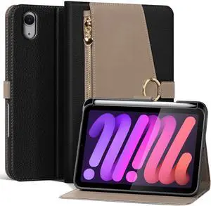 XFYKJIN Leather Case for iPad mini 7/6th (2024/2021) with Pocket, Buckle & Pencil Holder, Auto Wake/Sleep, Shockproof Adjustable Stand,Black with Grey