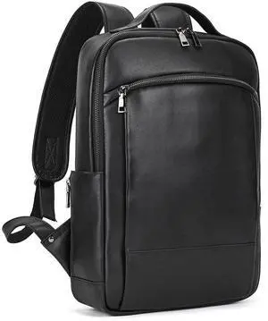 LUUFAN Genuine Leather Shoulder Bag for Men Casual Laptop Backpack Daypack Rucksack Business Travel Outdoor Bag with Trolley Sleeve, Black