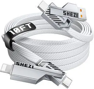 SHEZI [Upgraded 2.0] 4-in-1 USB C Cable 60W 10FT Fast Charging [480Mbps Data Sync] Flat Nylon Braided Charger Cord Combo, USB A/C to C/L Multi Charge Cable for iPhone/iPad & Most Devices, Silver