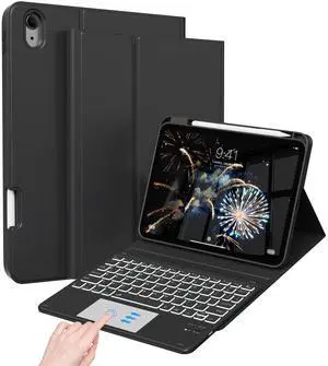 JKSML Case for iPad 10th/11th (A16) Gen with 7 Colors Backlight Touchpad Keyboard and Pencil Holder, Detachable Wireless Bluetooth Trackpad Keyboard, 3 Adjustable Angles, 10.9inch/11inch Case, Black
