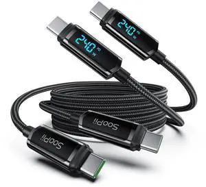 SOOPII USB C to USB C Cable [6.6ft/2Pack], 240W USB C Cable,Nylon Braided Type C Fast Charging Cables with LED Display for lPhone 16/15 Pro Max, Galaxy S25/S24, MacBook Pro/Air, iPad, Laptop,Black