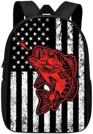 Vintage American Flag Bass Backpack Funny Red Fish Bass Fishing Lure on USA Flag School Bookbag, Black and White Elementary Middle High College School Bag Travel Laptop Daypack Rucksack, 17 Inch