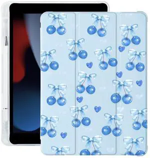 BlHMCASE Cute Cherry Bow for iPad mini 7 A17 Pro 2024/iPad Mini 6 Case with Pencil Holder, Auto Sleep/Wake, Blue Leather Soft TPU Back Cover