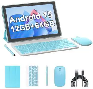 10 Inch Tablet Android 15(NOT GO) Tablets with keyboard 64GB ROM+12GB RAM(4+8 expansion) Supports 1TB Expansion 2MP+8MP Dual Camera 6000mAh 5G WiFi6 Tableta, Tablets with Mouse/Case/Stylus/USB-C Cable