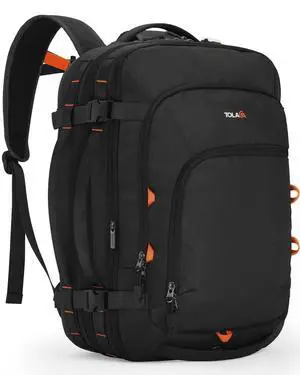Tolaccea Travel Backpack, TSA Friendly Flight Approved Carry-on Luggage Water-resistant Business Rucksack, Durable Large Computer Bag Daypack Fits 15.6 Inch Laptop, 35-45L Expandable - Black