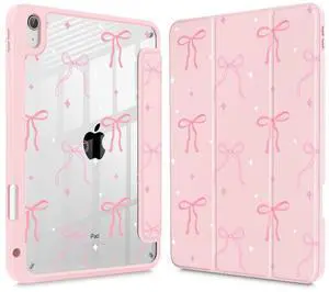 Tuiklol Case for iPad 11 inch (A16 Chip) 2025 Gen 11th / iPad 10.9 inch 2022 10th Gen, Buit in Pencil Holder with Shockproof Cover Clear Transparent Back Shell Auto Wake/Sleep,Pink Bows