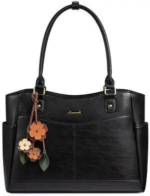 LOVEVOOK Laptop Bag for Women, 16.0inch Original Vintage Work Tote Bag Computer Office Teacher Bag with Flower Pendant, Black