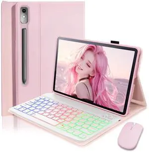 SAMTUNK Keyboard Case for Lenovo Tab P12 12.7 Inch 2023 Cover - 7 Color Rainbow Change Backlit Detachable Magnetic Keyboard with Mouse - Pink