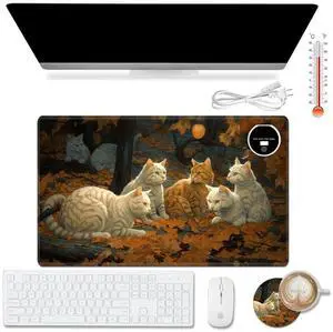 ACWDMKH Warm Desk Pad,Heated Desk Pad,Office Mat,3 Heating Levels & 3 Hours Auto Shut-Off,31.5"*13" Laptop Keyboard Mat,Maple Leaves Cat