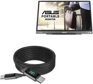 BoxWave Cable Compatible with ASUS ZenScreen MB16ACE - PowerDisplay PD Cable (6ft) - USB-C to USB-C (100W), LED Wattage Info Extra Long Braided Nylon - Jet Black