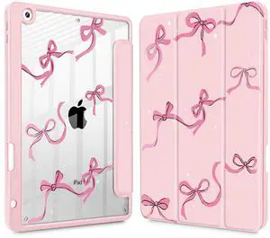 May Chen for iPad 9th Generation with Pencil Holder, iPad 8th/7th Gen Case 10.2-inch, [Penceil Holder] Trifold Stand Auto Wake/Sleep Clear TPU Protection Back Cover, Pink Bows