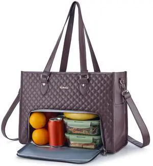 Ralnitote Laptop Tote Bag with Insulated Lunch Compartment for Women, PU Leather 15.6 Inch Work Bag, Elegant Computer Handbag, Versatile Business Tote for Office,Travel or Casual-Plum Purple