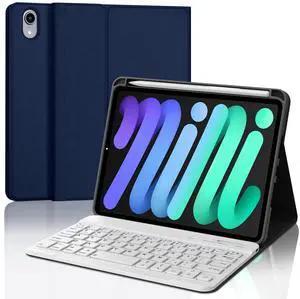 Keyboard Case for iPad Mini 7th (A17 Pro, 2024) & Mini-6th Gen 2021 Case with Keyboard, Smart Case for iPad Mini-7th Key Board with Pen Slot, Cute Cover with Keypad for Mini 7/6 8.3inch, Blue-white