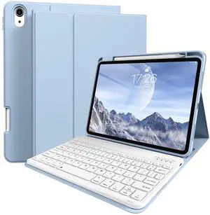 kenke for iPad 11/10th Gen Case with Keyboard 11/10.9 inch 2025 A16/2022, Detachable Wireless Bluetooth Keyboard Case with Right Side Pencil Holder, White Square Keycaps (Blue)