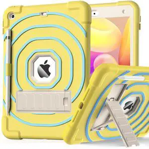 SIBEITU Kids Case for iPad 9th Generation/ 8th Gen/ 7th Gen with Pencil Holder & Stand, Fully-Body Hybrid Shockproof Rugged Drop Protective Cover for iPad 10.2 inch 2021/2020/2019 (Yellow Blue)