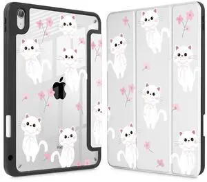 Tuiklol Case for iPad Air 13 (M3 2025 / M2 2024), Buit in Pencil Holder with TPU Protection Shockproof Cover Clear Transparent Back Trifold Stand-Auto Wake/Sleep Tablet Case, Cat-White